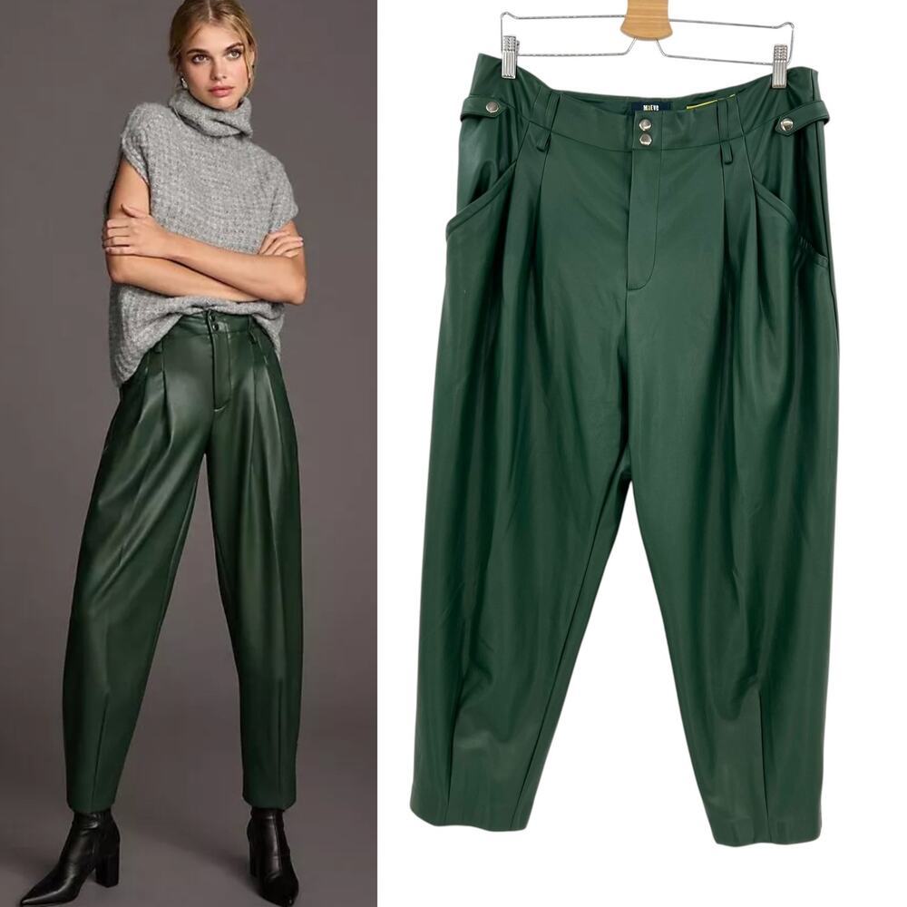 Anthropologie Maeve Faux‎ Leather Tapered Pleated Pants Green Size US 16